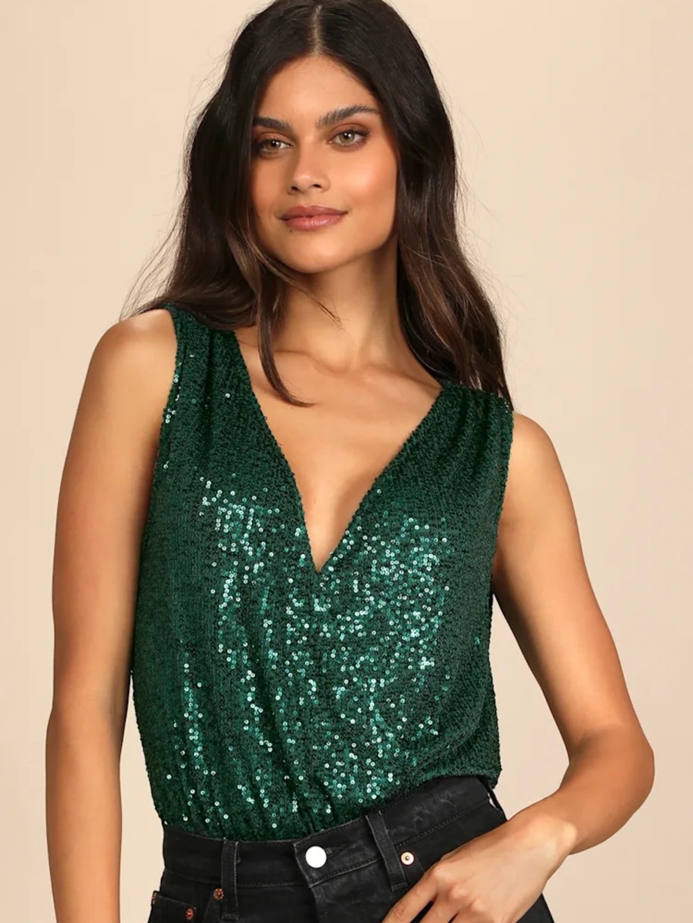 Lulu’s Emerald Green Sequin Surplice Bodysuit Size M | Holiday Party NYE